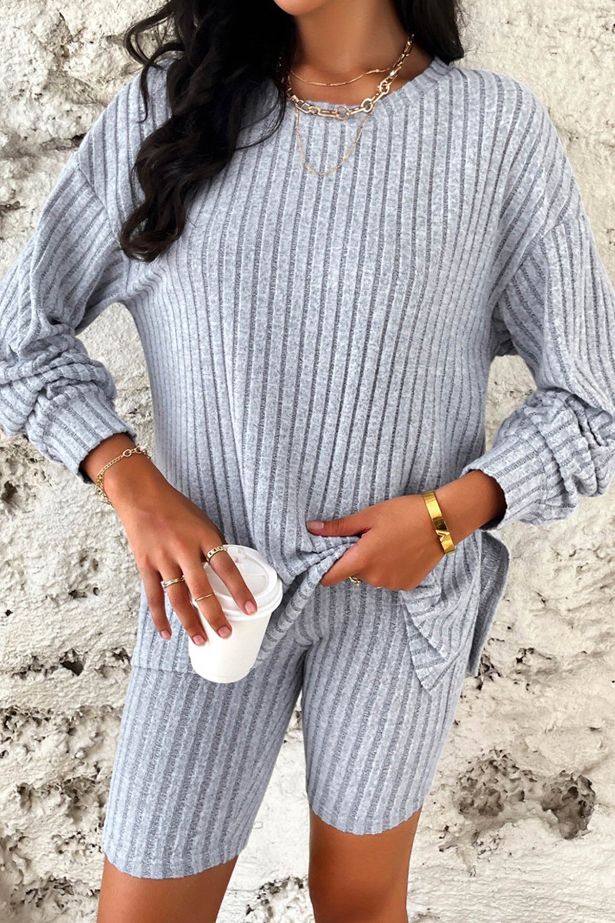 Ribbed Knit Tops Shorts Set