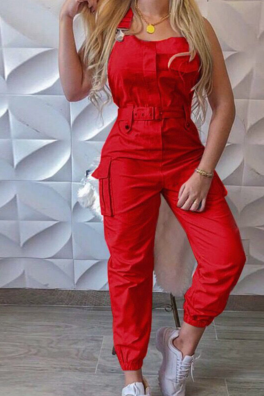 Sleeveless Belted Cargo Jumpsuits