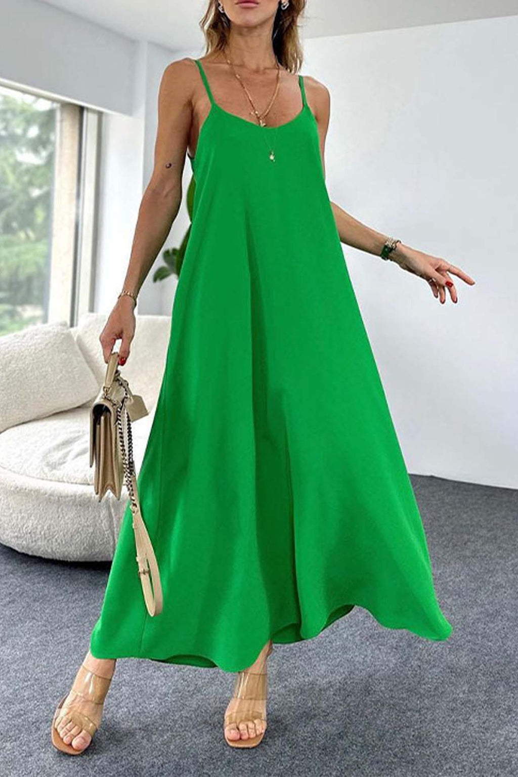 Color A-line Sleeveless Midi Dress