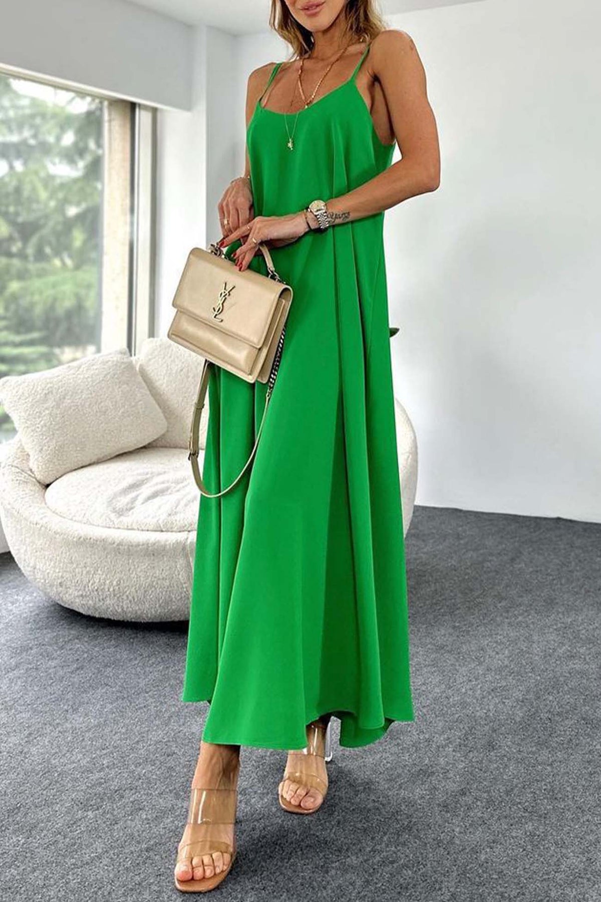 Color A-line Sleeveless Midi Dress