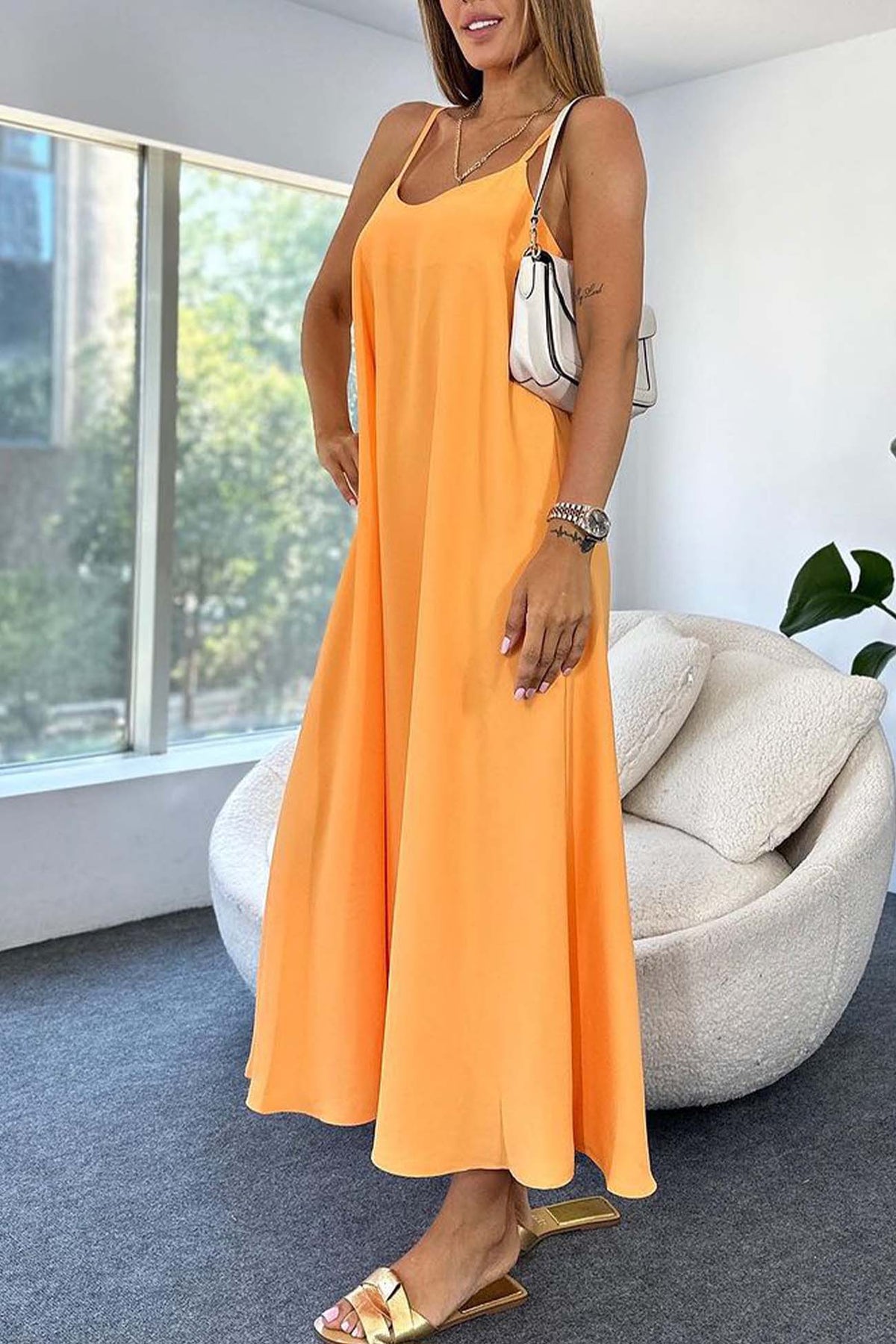 Color A-line Sleeveless Midi Dress