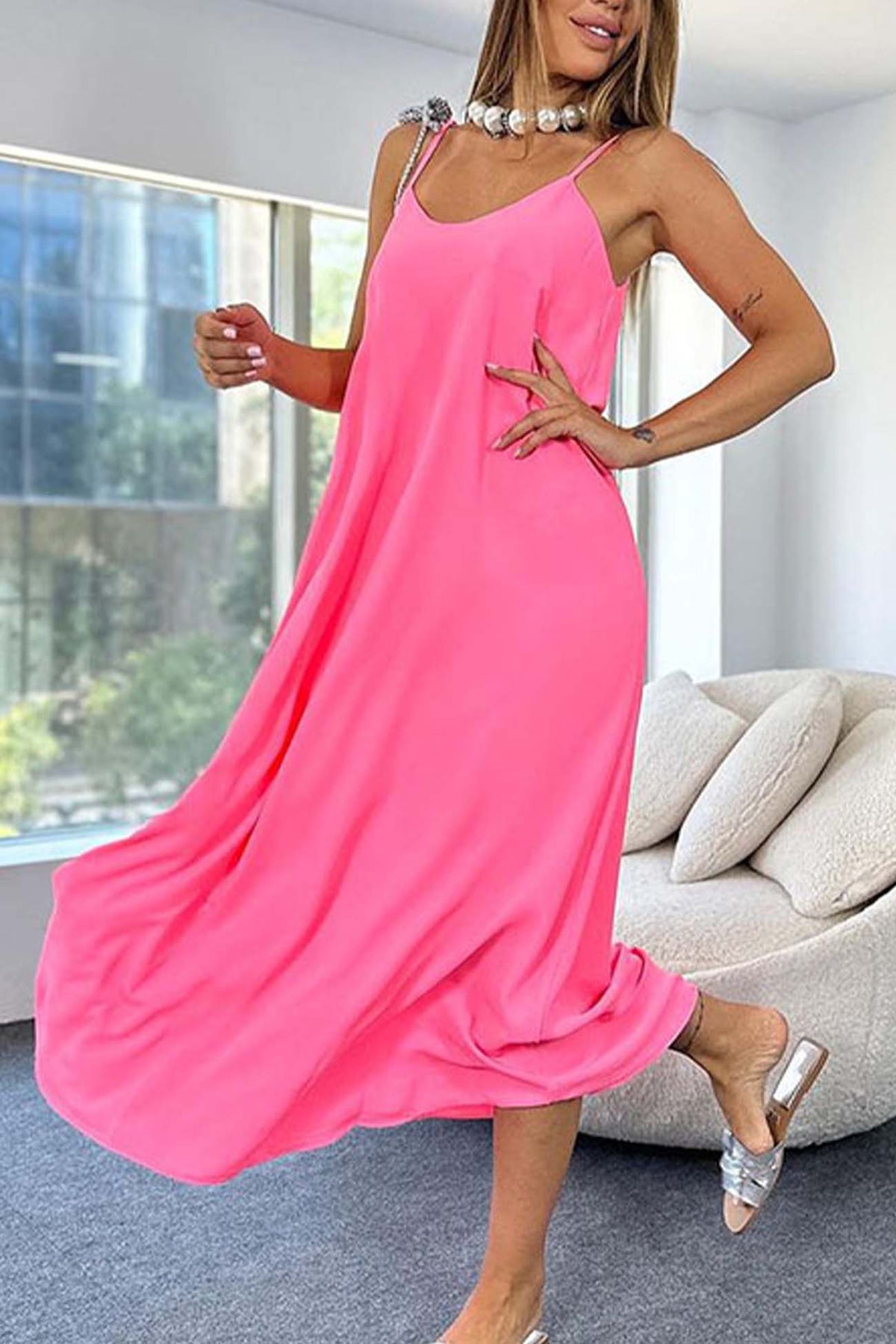 Color A-line Sleeveless Midi Dress