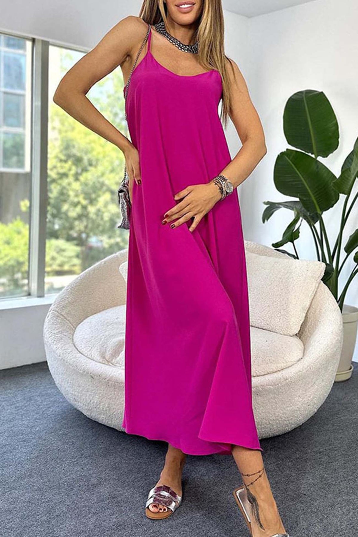 Color A-line Sleeveless Midi Dress
