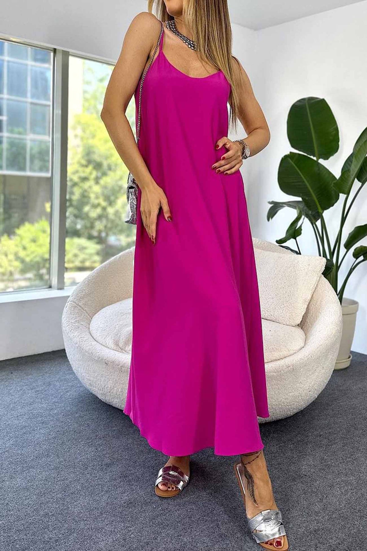 Color A-line Sleeveless Midi Dress