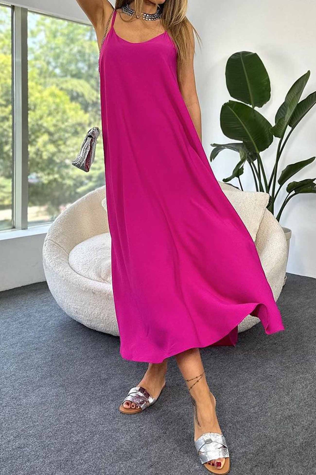 Color A-line Sleeveless Midi Dress