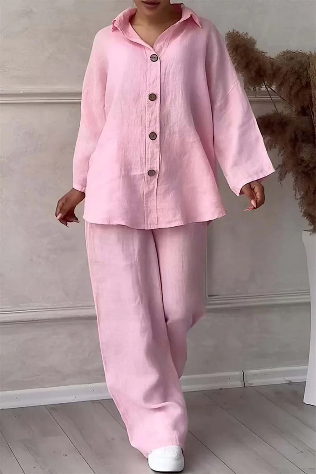 Color Lapel Button Down Wide Leg Pants Set