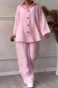 Color Lapel Button Down Wide Leg Pants Set
