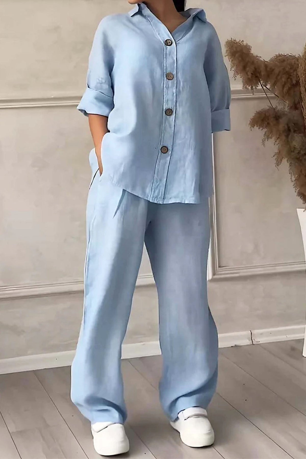 Color Lapel Button Down Wide Leg Pants Set