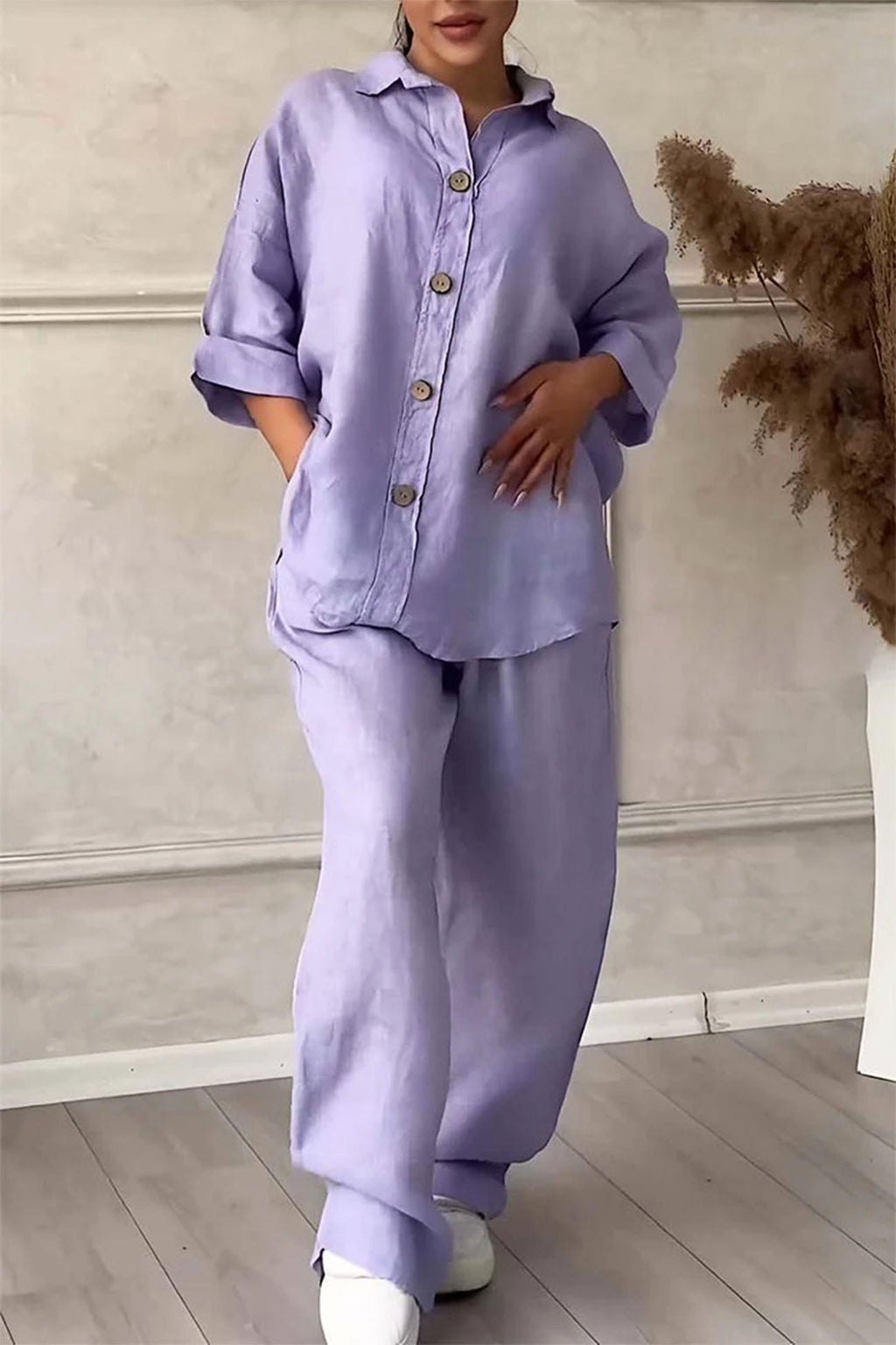 Color Lapel Button Down Wide Leg Pants Set