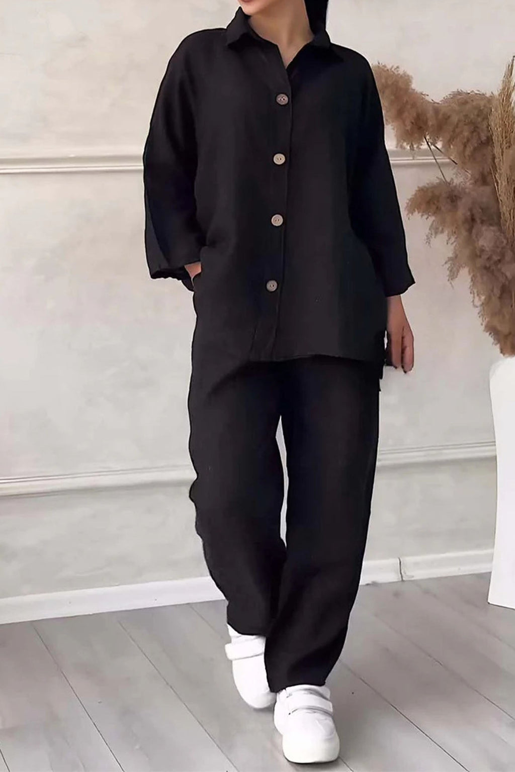 Color Lapel Button Down Wide Leg Pants Set
