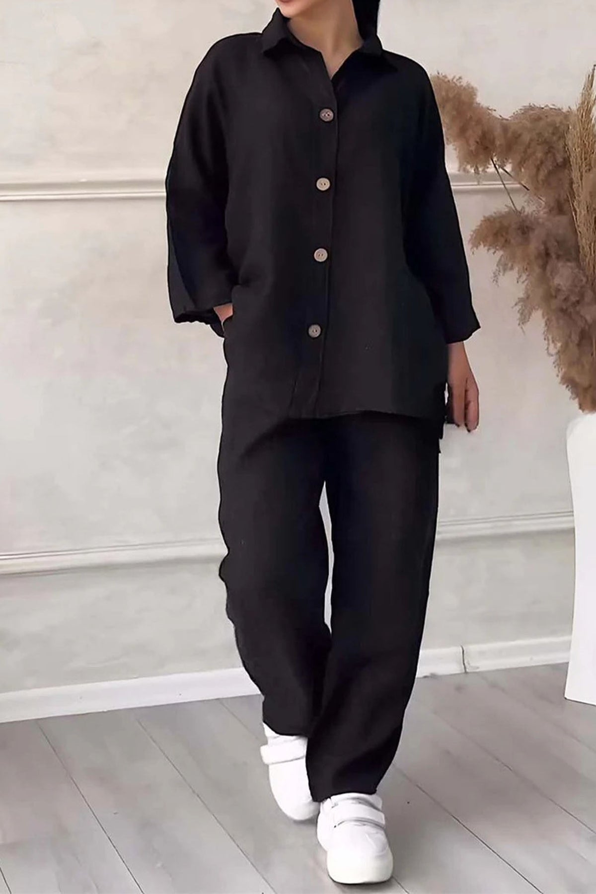 Color Lapel Button Down Wide Leg Pants Set