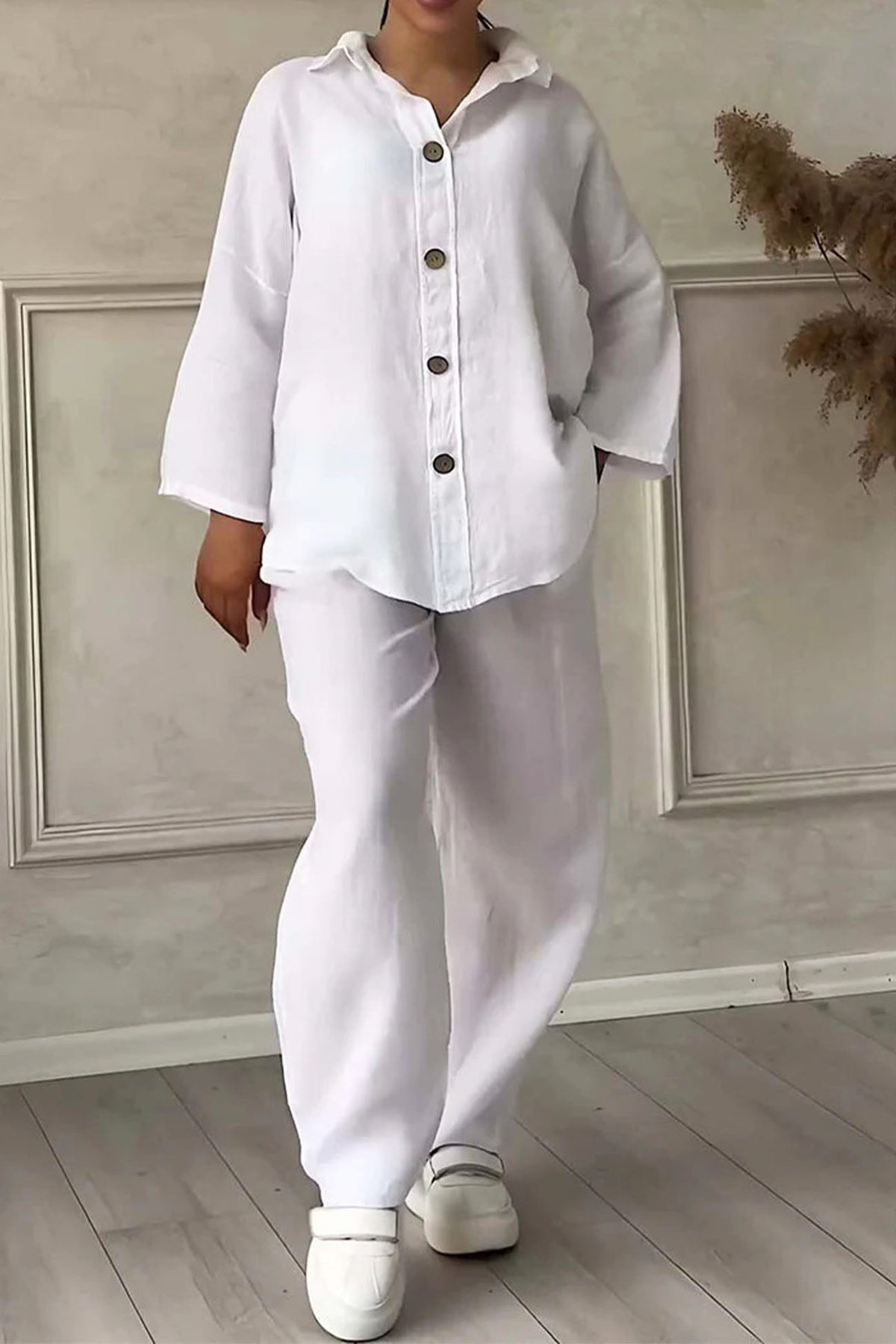 Color Lapel Button Down Wide Leg Pants Set
