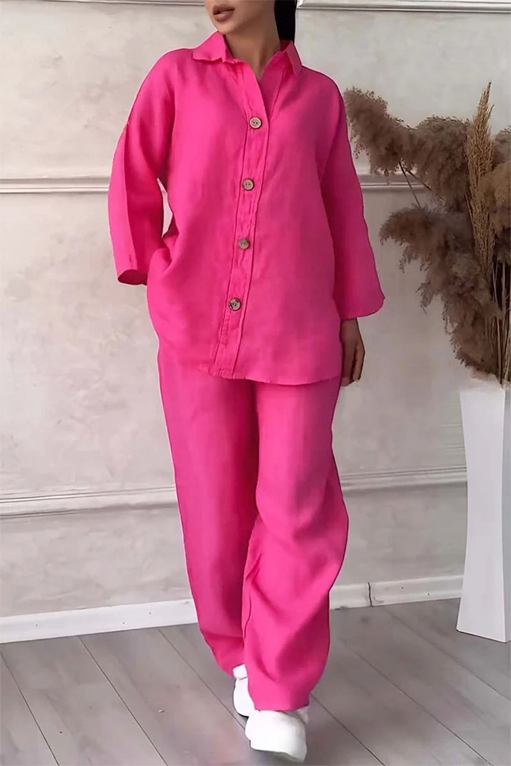 Color Lapel Button Down Wide Leg Pants Set