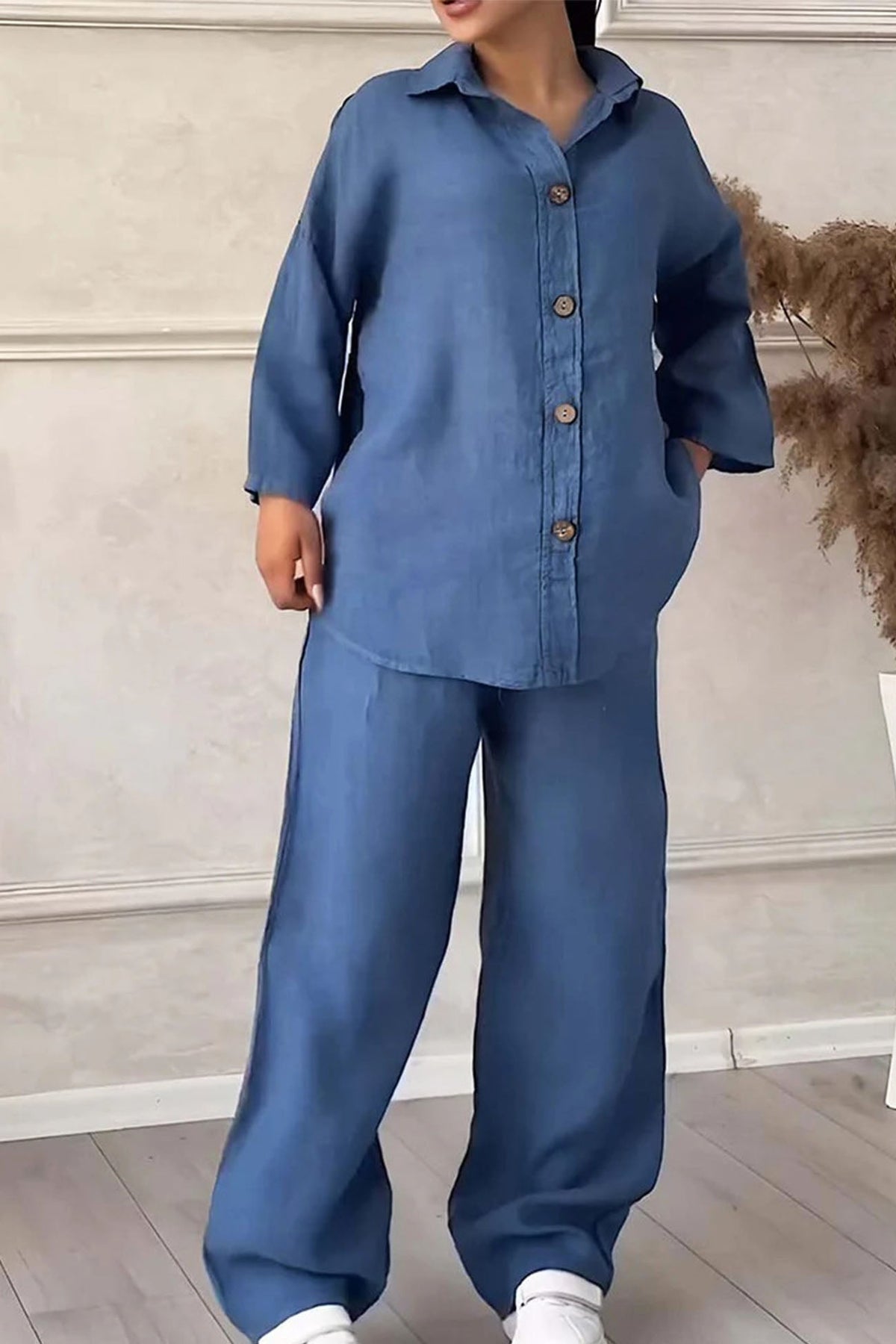Color Lapel Button Down Wide Leg Pants Set