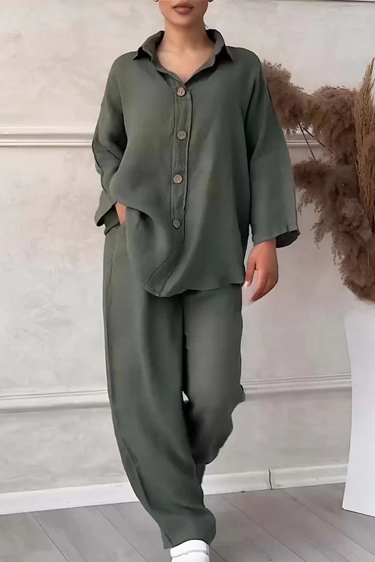 Color Lapel Button Down Wide Leg Pants Set