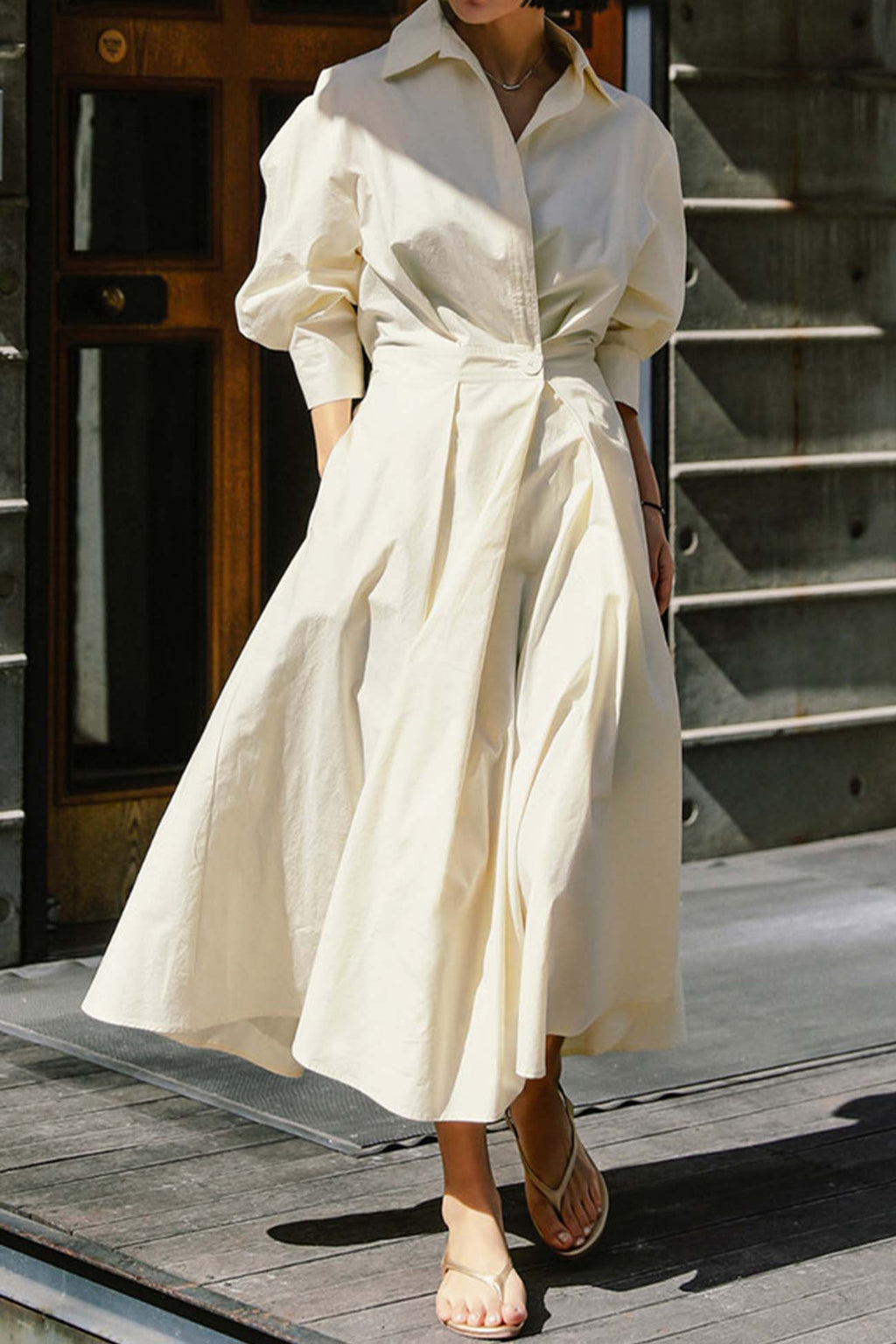 Cotton Long Sleeve A-line Shirt Midi Dress