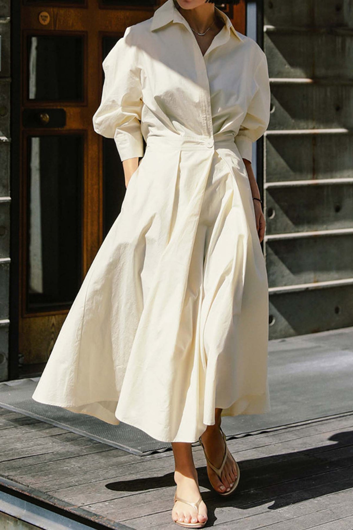 Cotton Long Sleeve A-line Shirt Midi Dress