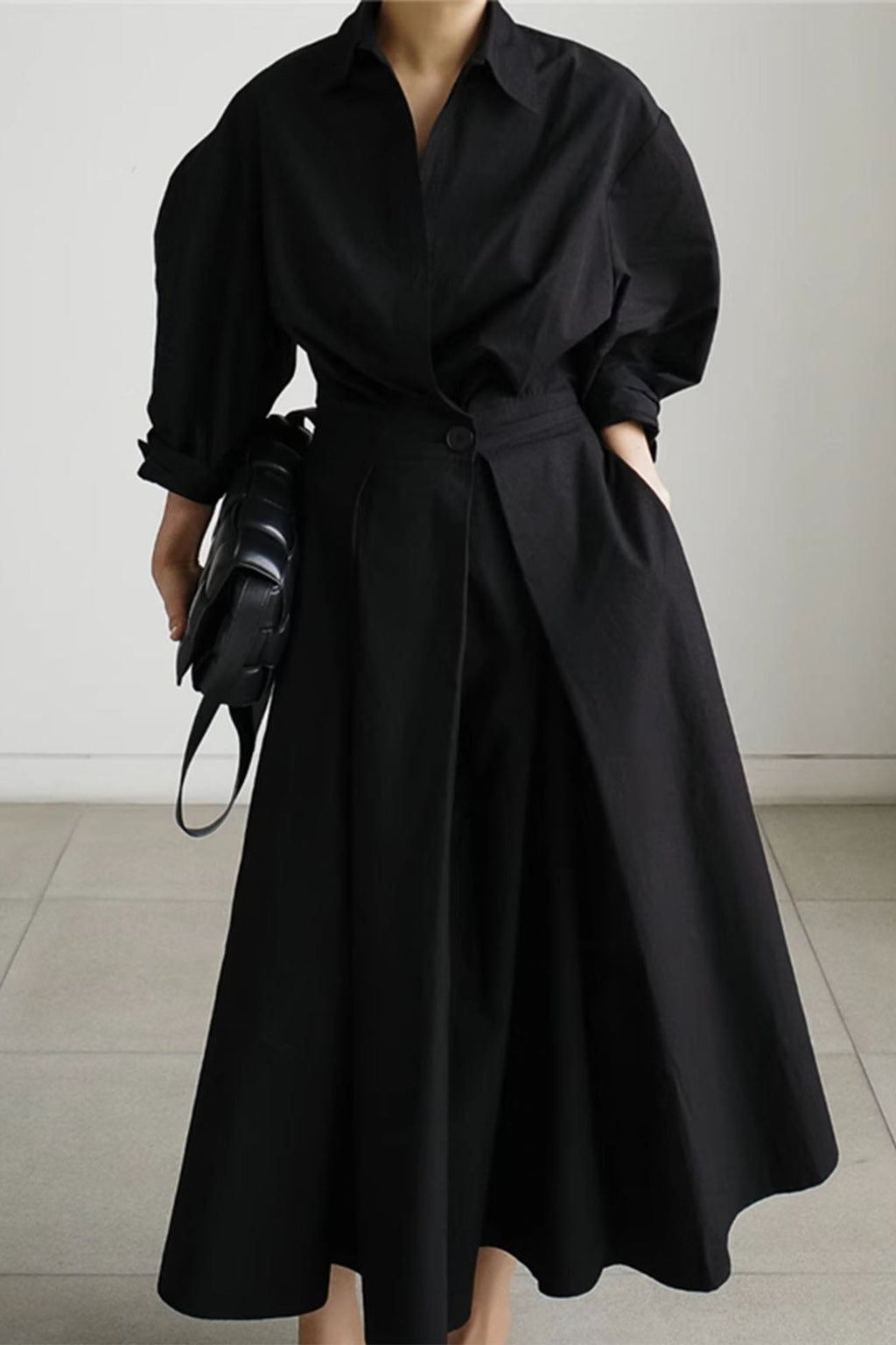 Cotton Long Sleeve A-line Shirt Midi Dress
