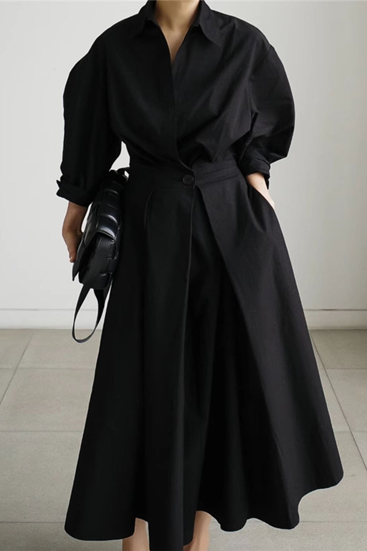 Cotton Long Sleeve A-line Shirt Midi Dress