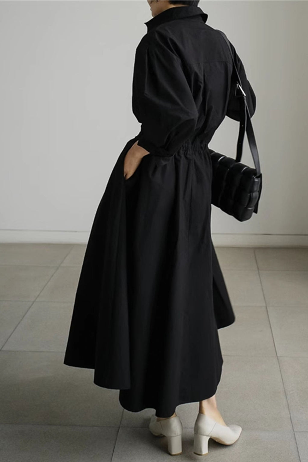 Cotton Long Sleeve A-line Shirt Midi Dress