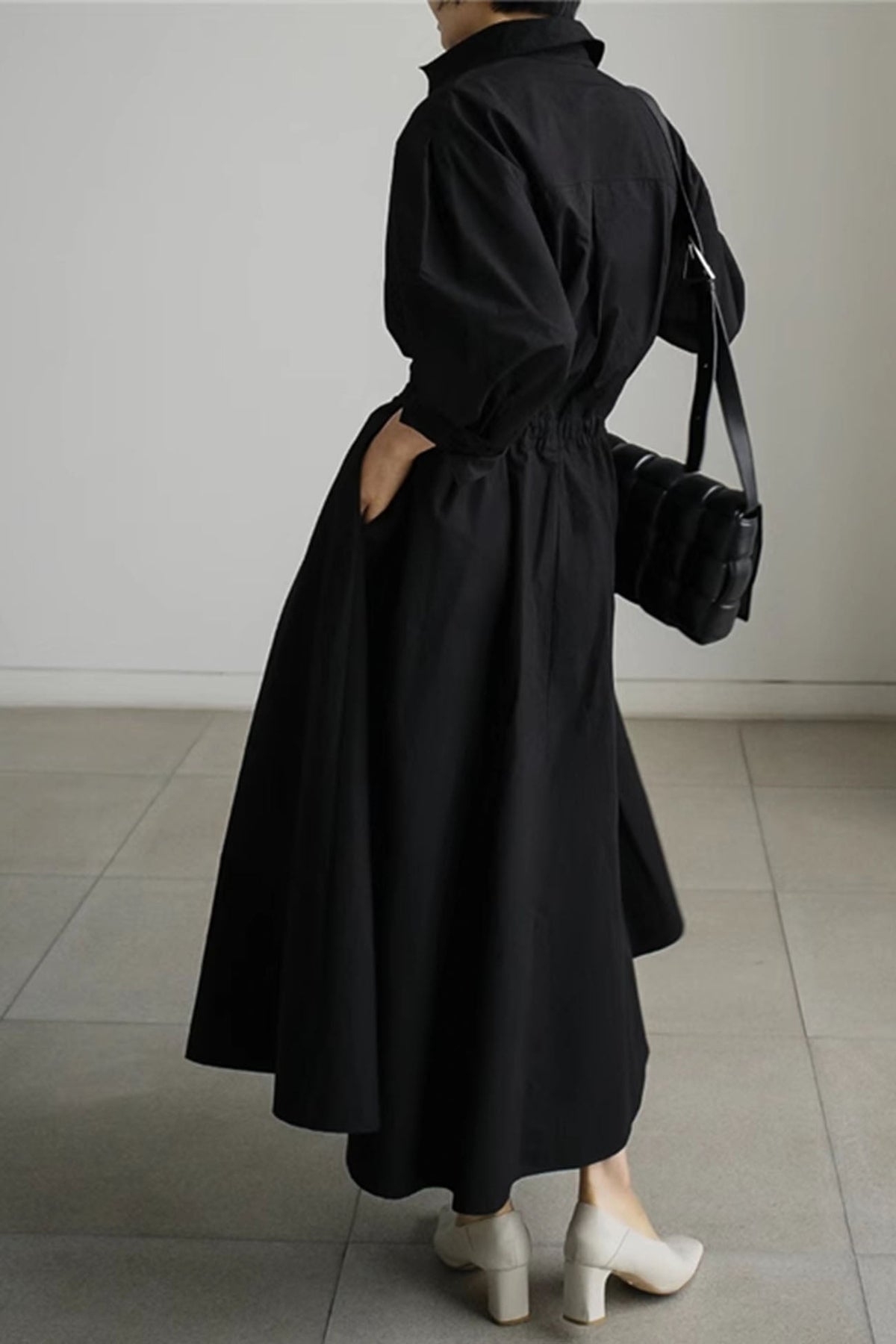 Cotton Long Sleeve A-line Shirt Midi Dress