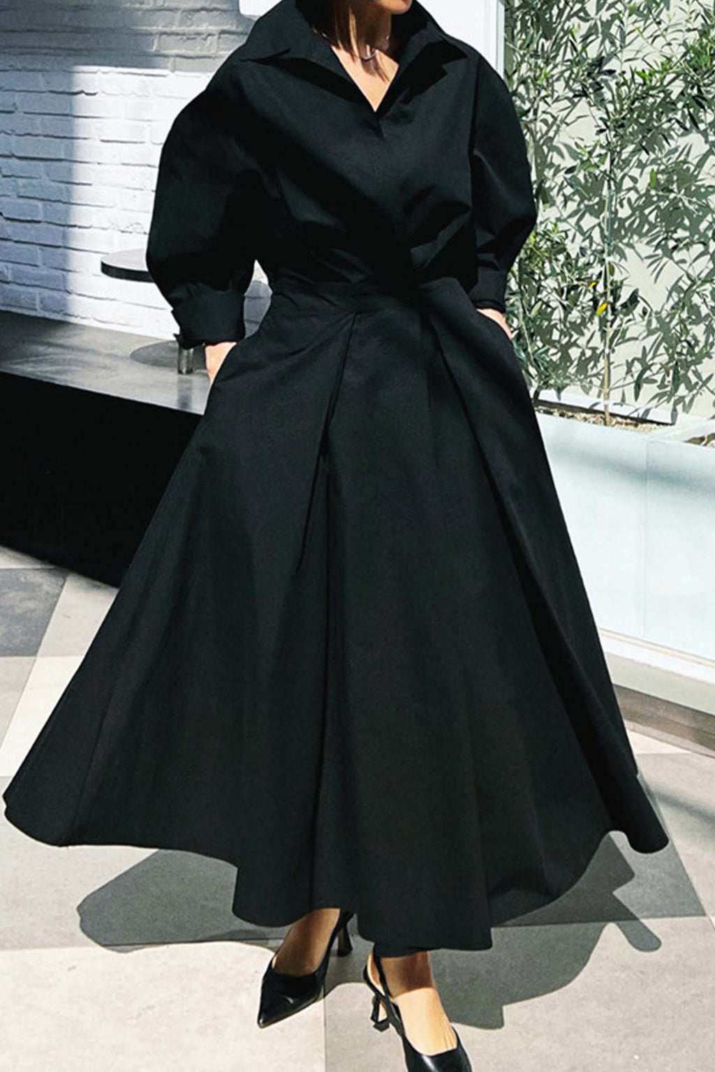 Cotton Long Sleeve A-line Shirt Midi Dress