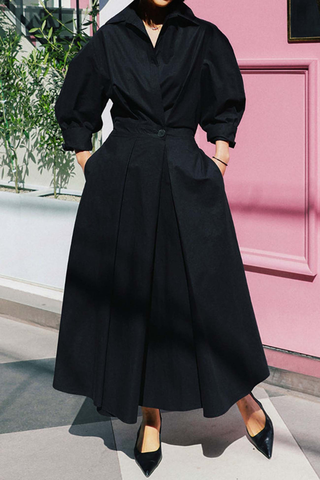 Cotton Long Sleeve A-line Shirt Midi Dress