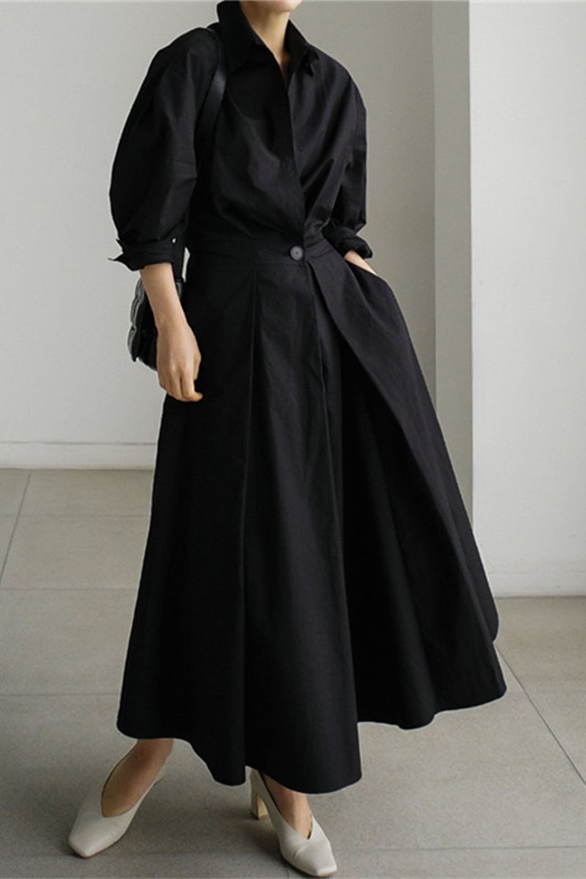 Cotton Long Sleeve A-line Shirt Midi Dress