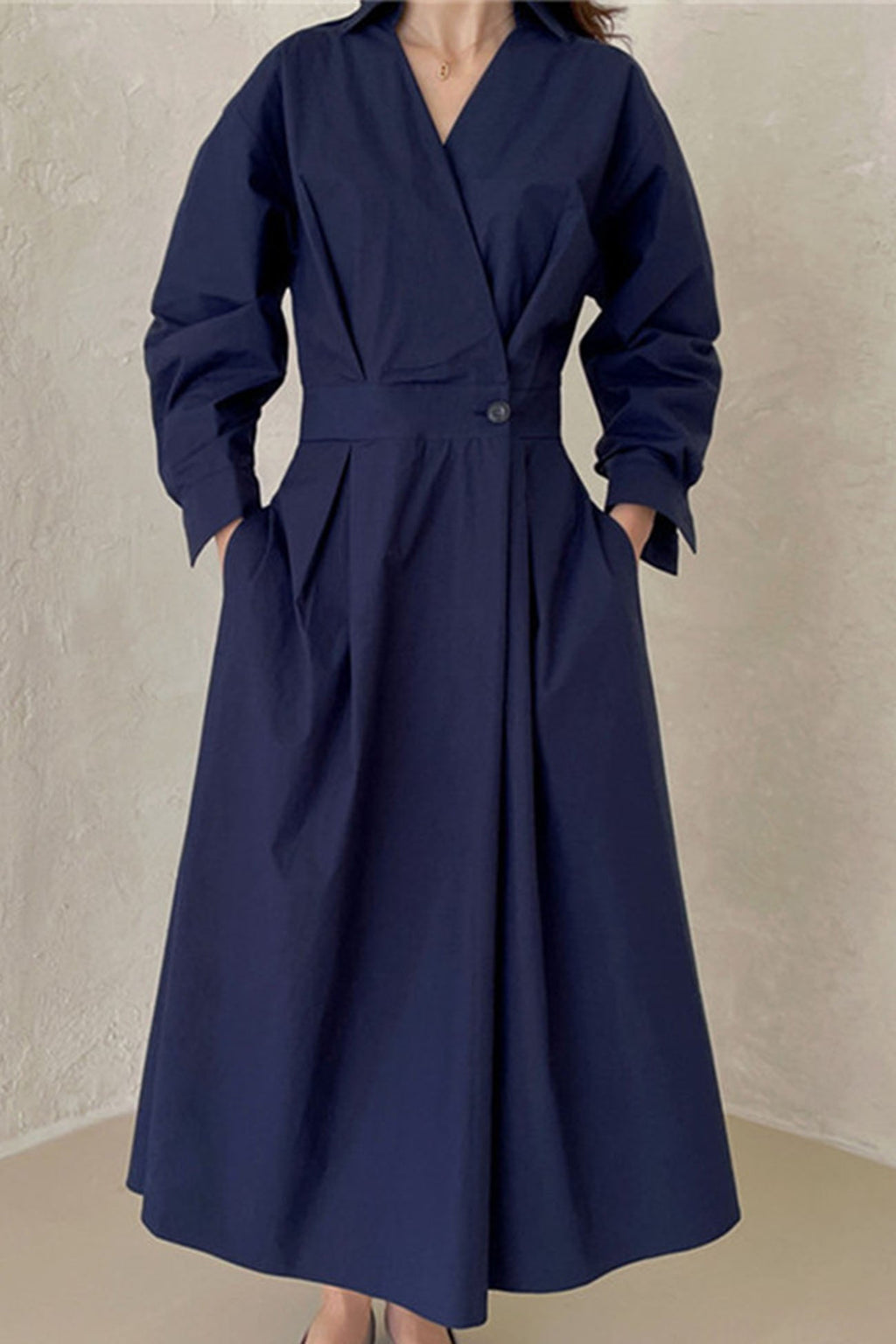 Cotton Long Sleeve A-line Shirt Midi Dress