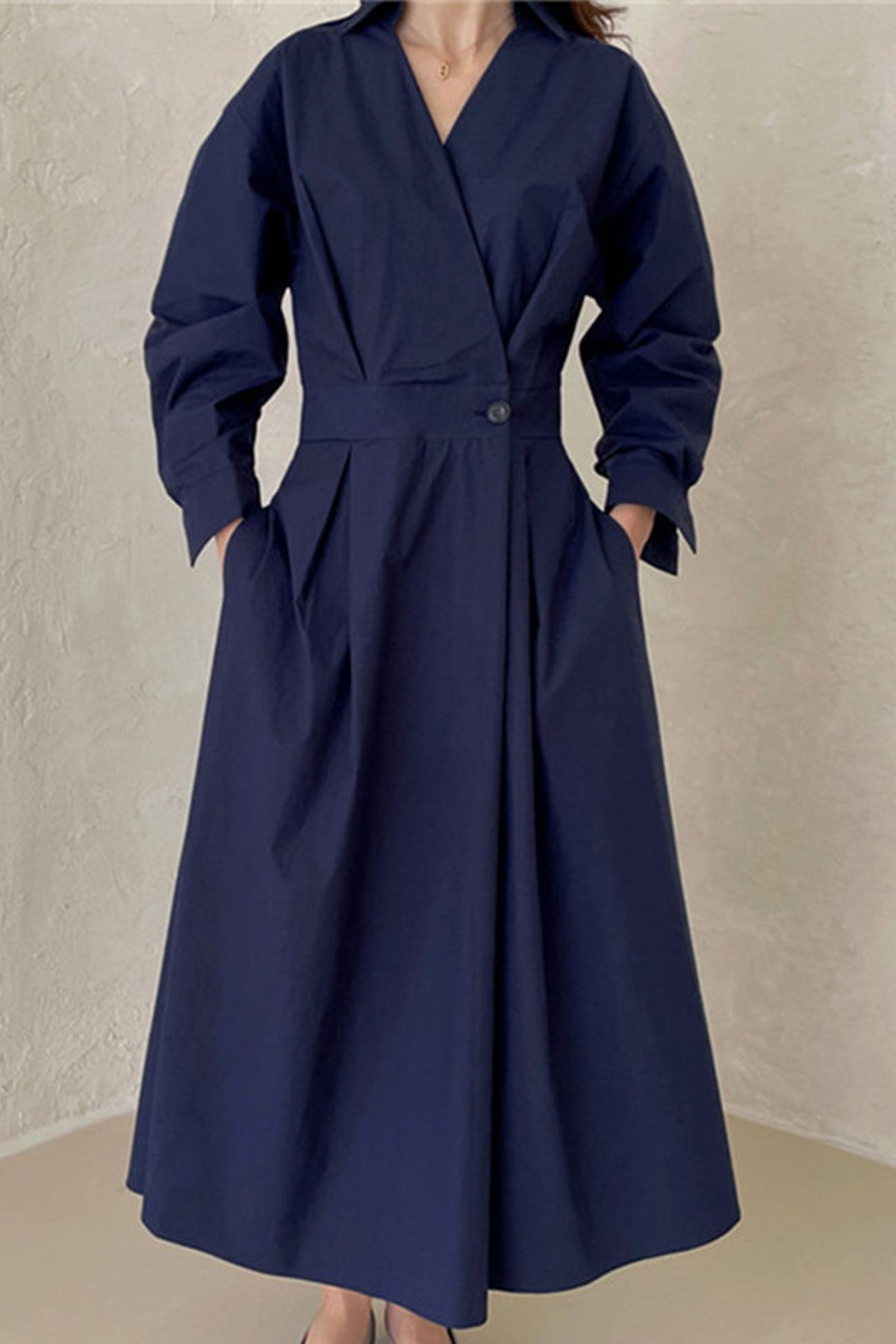 Cotton Long Sleeve A-line Shirt Midi Dress