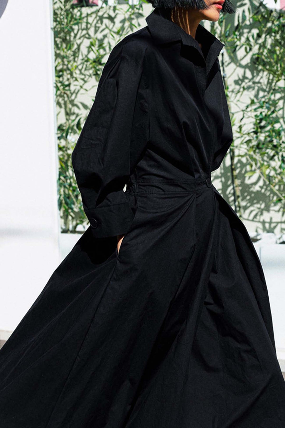 Cotton Long Sleeve A-line Shirt Midi Dress