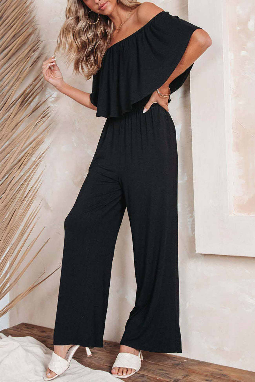 Color Off Shoulder Wide Leg Jumpsuits