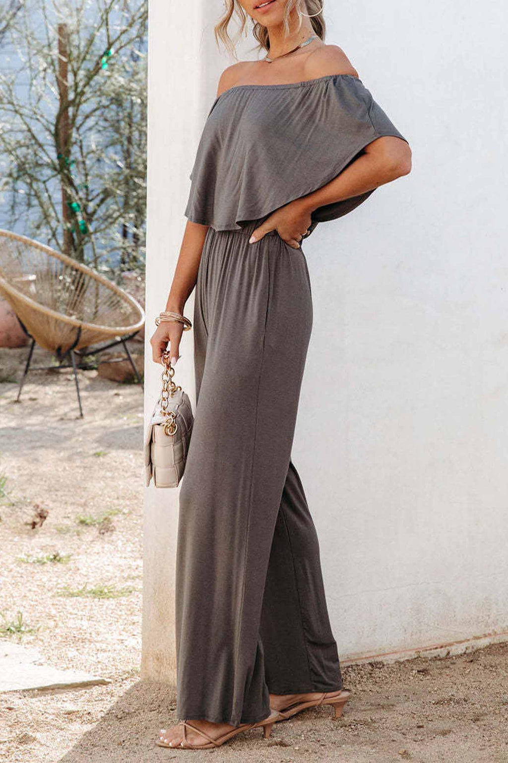 Color Off Shoulder Wide Leg Jumpsuits