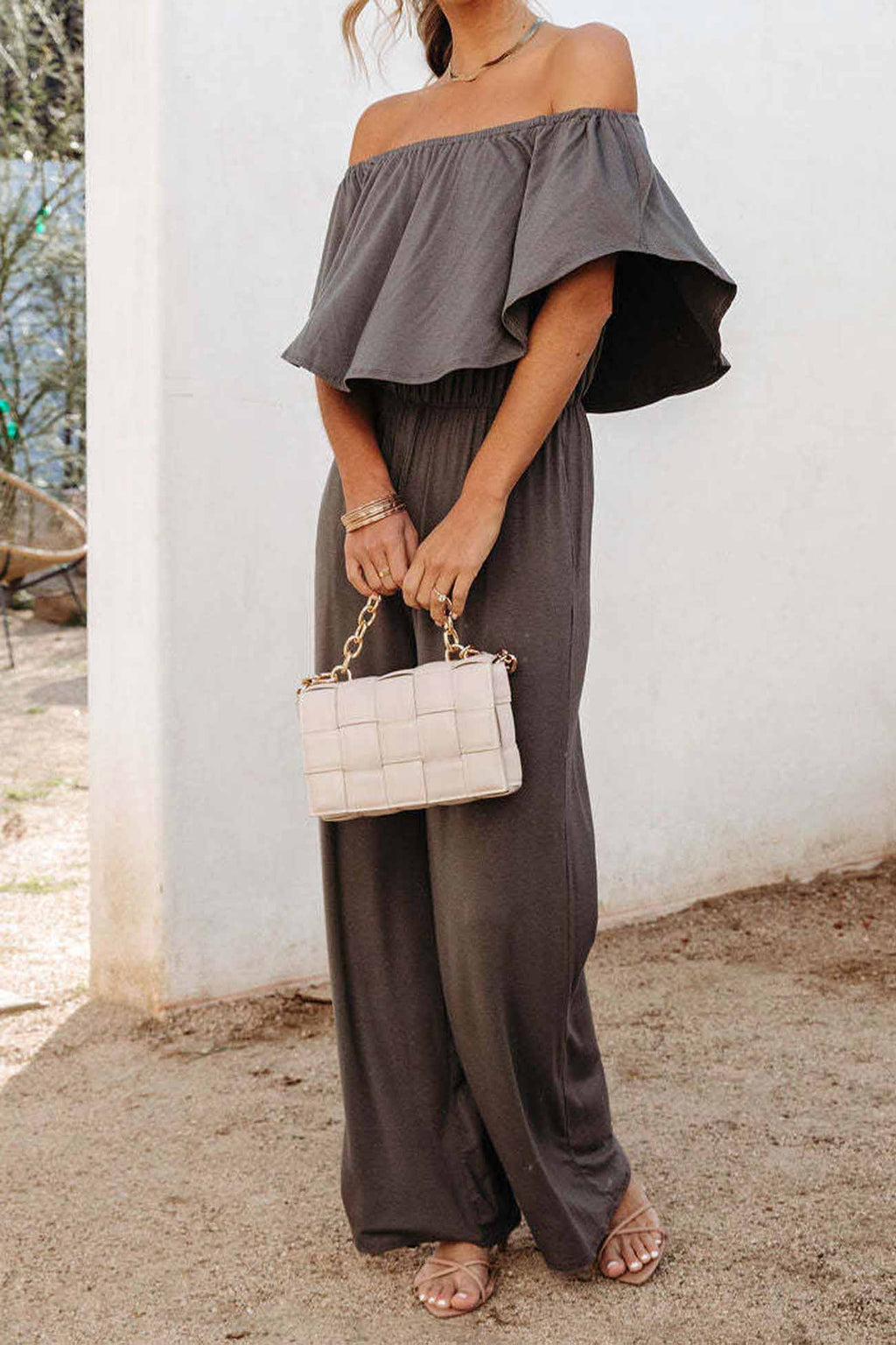 Color Off Shoulder Wide Leg Jumpsuits