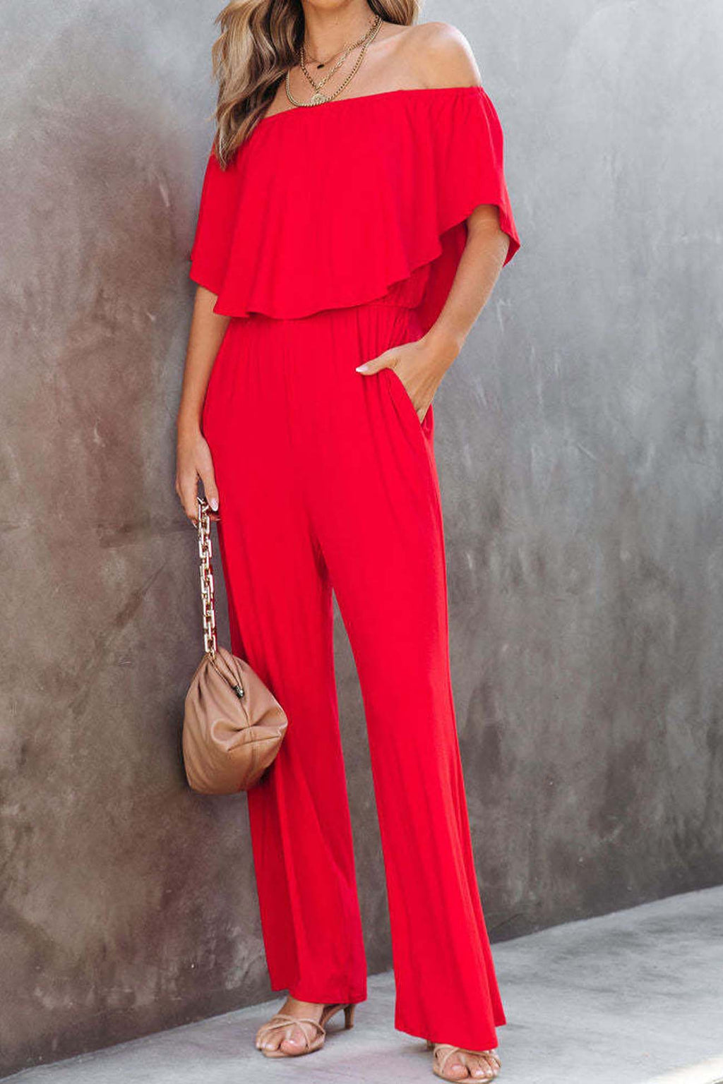 Color Off Shoulder Wide Leg Jumpsuits