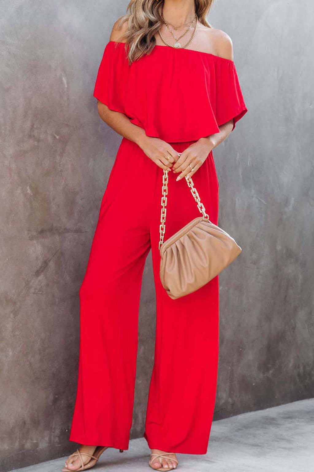 Color Off Shoulder Wide Leg Jumpsuits
