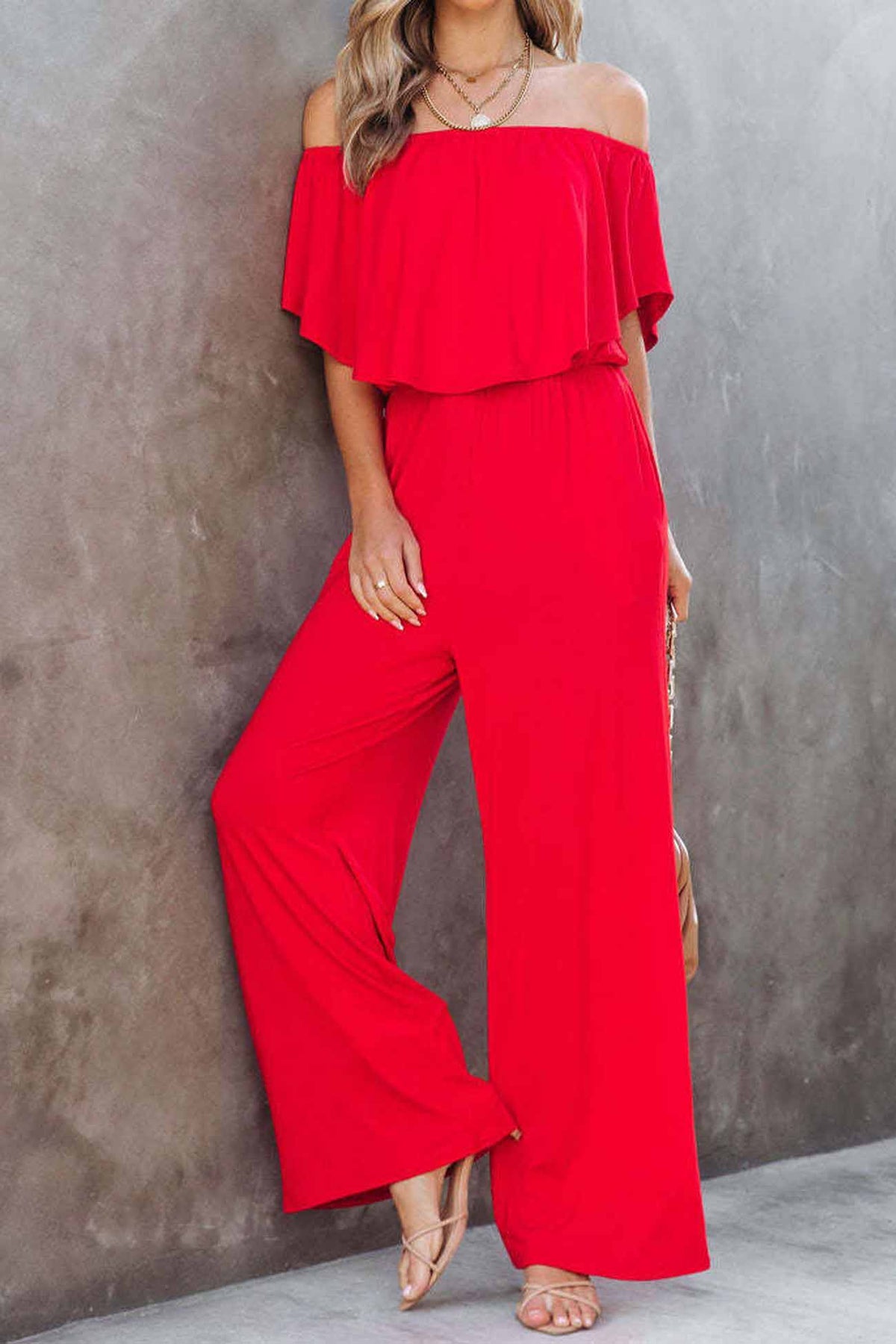 Color Off Shoulder Wide Leg Jumpsuits