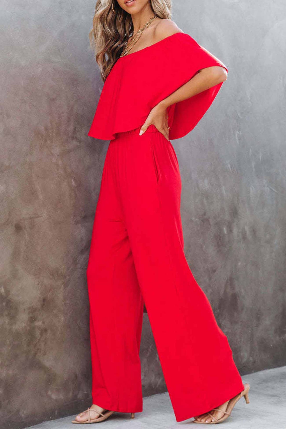 Color Off Shoulder Wide Leg Jumpsuits