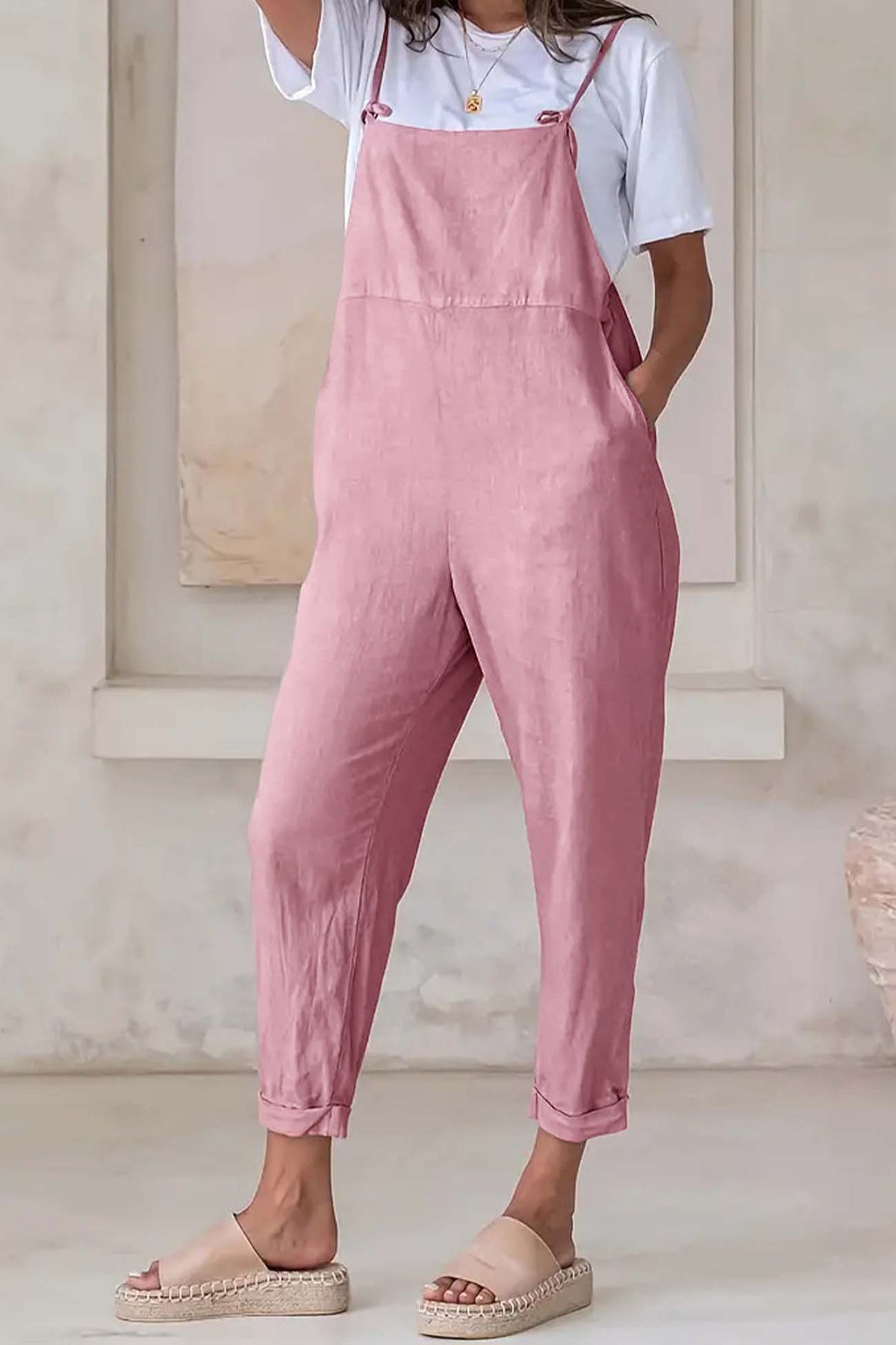 Color Pocket Strappy Jumpsuits