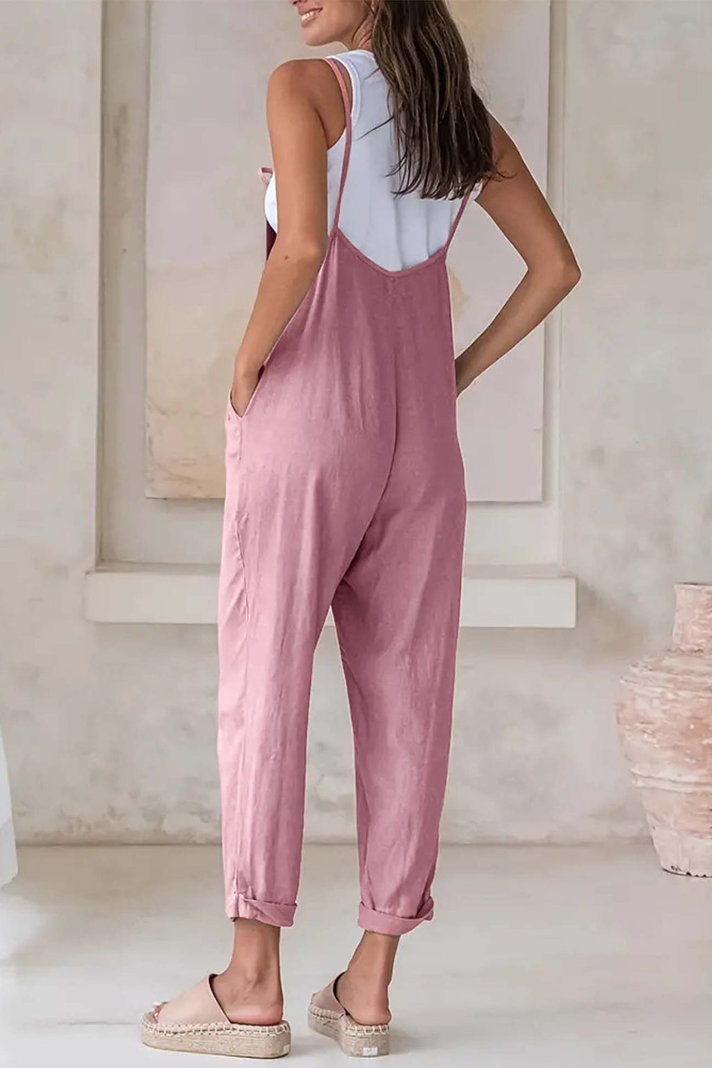 Color Pocket Strappy Jumpsuits