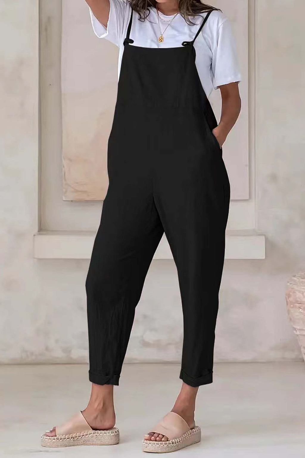 Color Pocket Strappy Jumpsuits