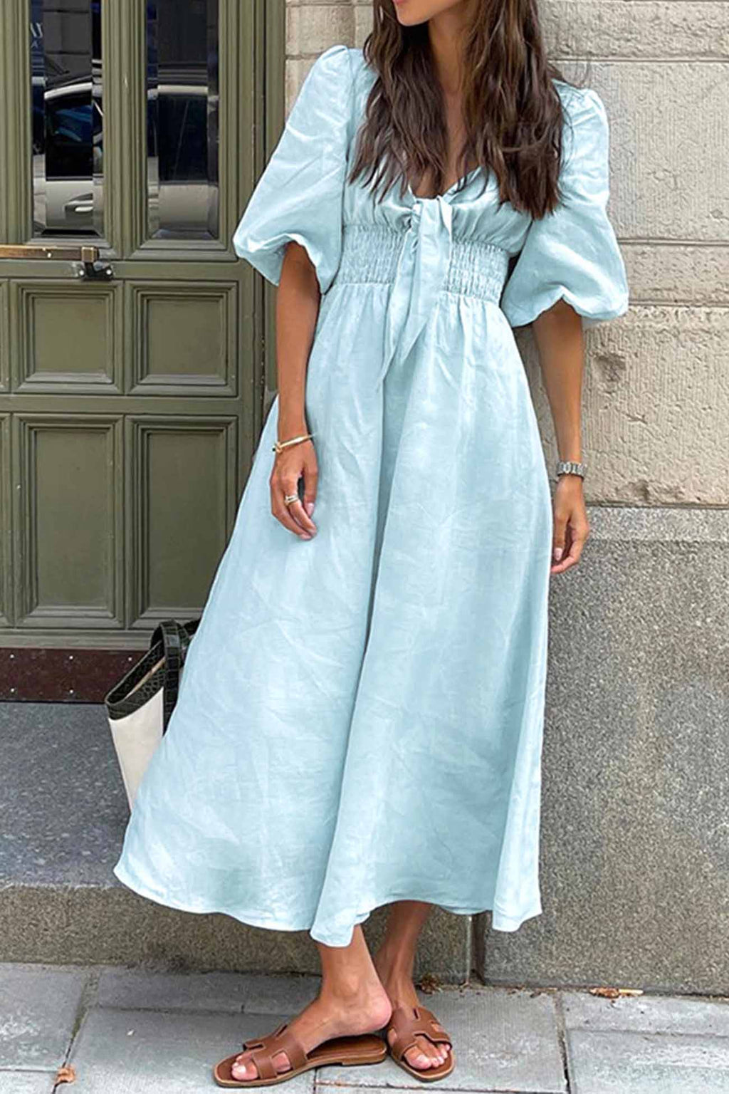 Color Puff Sleeve Knot Midi Dress