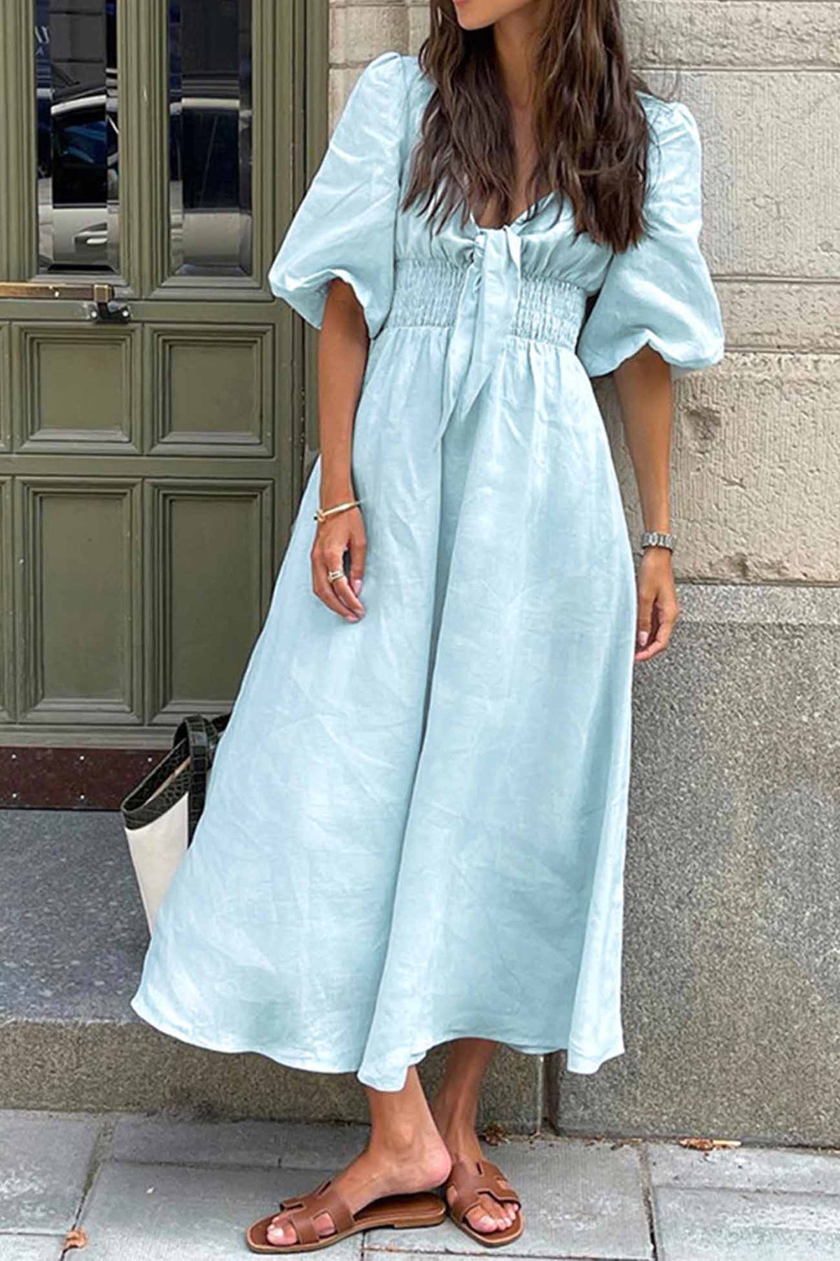 Color Puff Sleeve Knot Midi Dress