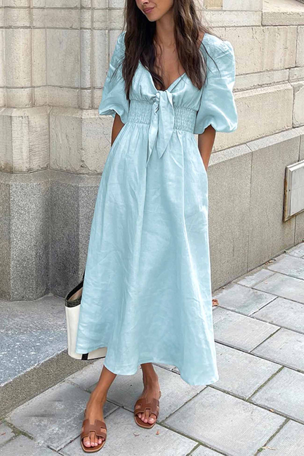 Color Puff Sleeve Knot Midi Dress