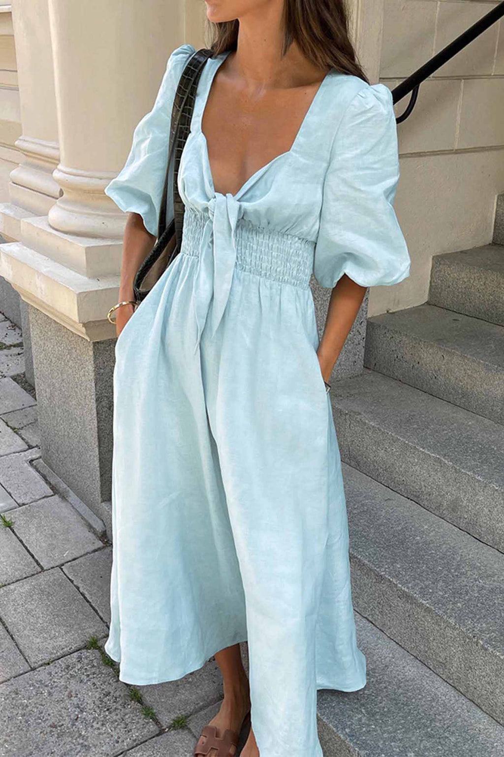 Color Puff Sleeve Knot Midi Dress