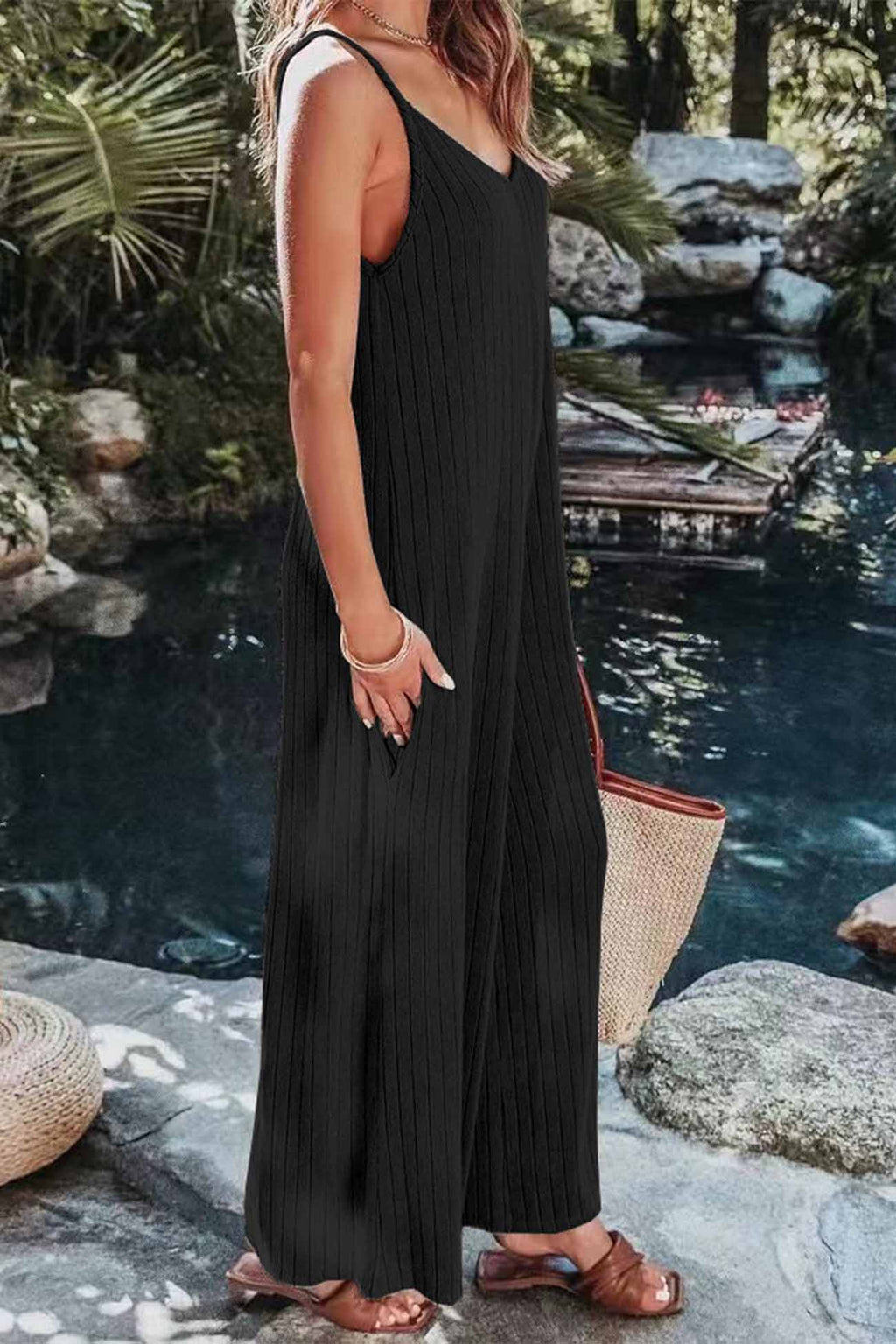 Color Ribbed Sleeveless Wide Leg Jumpsuit