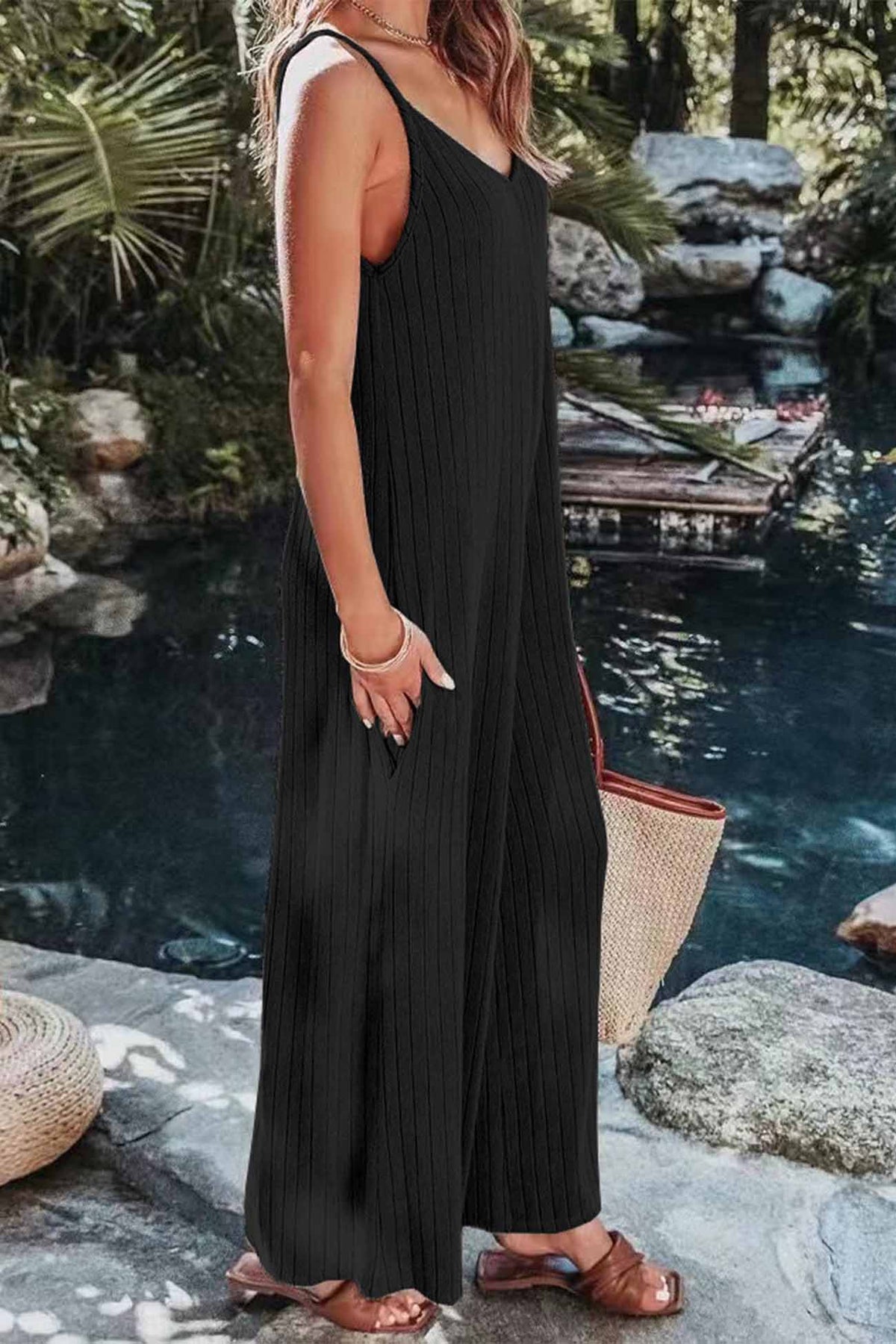 Color Ribbed Sleeveless Wide Leg Jumpsuit