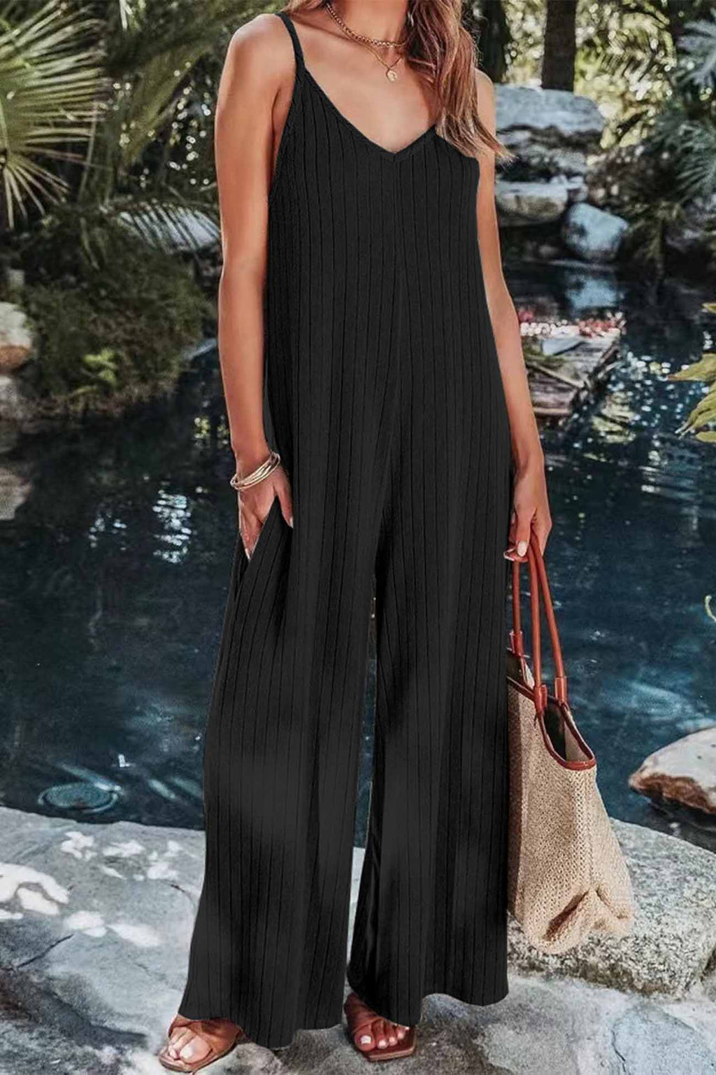 Color Ribbed Sleeveless Wide Leg Jumpsuit