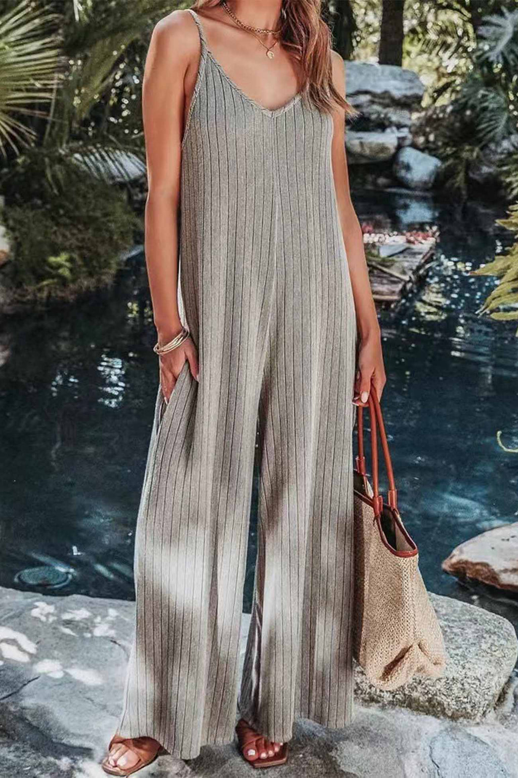 Color Ribbed Sleeveless Wide Leg Jumpsuit