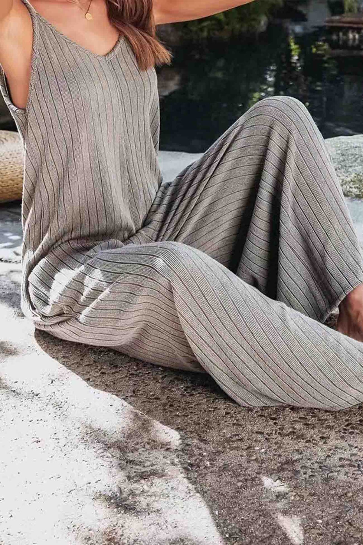 Color Ribbed Sleeveless Wide Leg Jumpsuit